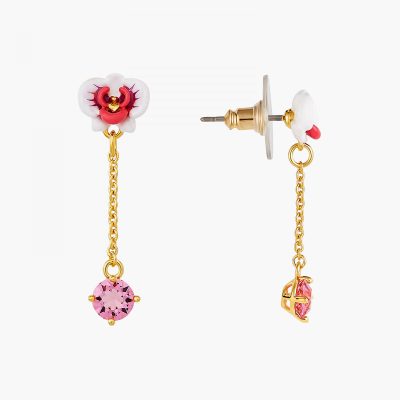 Boucles d'oreilles pendantes tiges orchidée et pierre de verre facetté rose