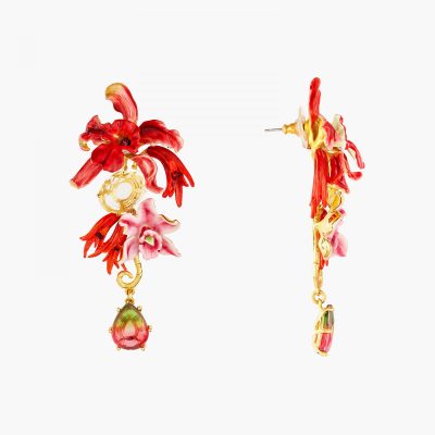 Boucles d'oreilles pendantes tiges orchidées exotiques et pierres multicolore