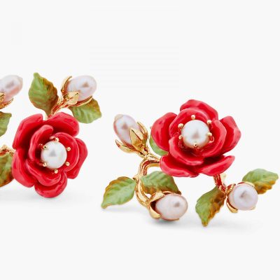 Boucles d'oreilles tiges branche de rose et perles de culture