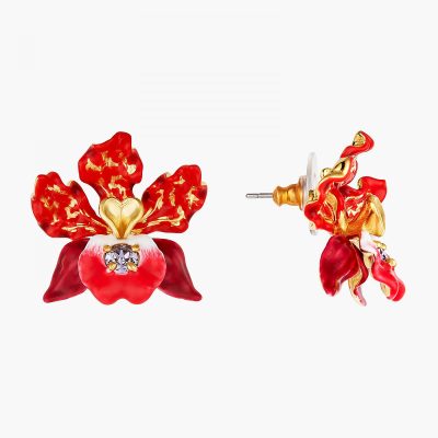 Boucles d'oreilles tiges fleur d'orchidées exotiques et cristal taillé
