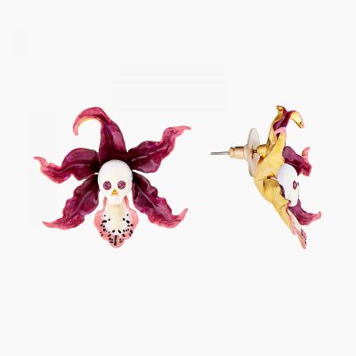 Boucles d'oreilles tiges tête de mort vanité et orchidée cattleya