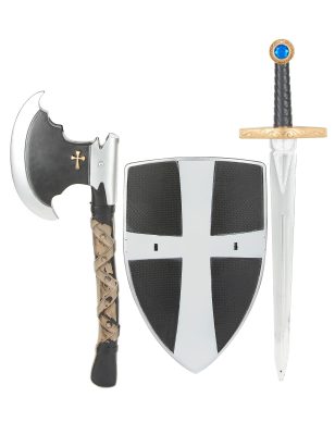 Bouclier épée et hache de chevalier médiéval en plastique enfant