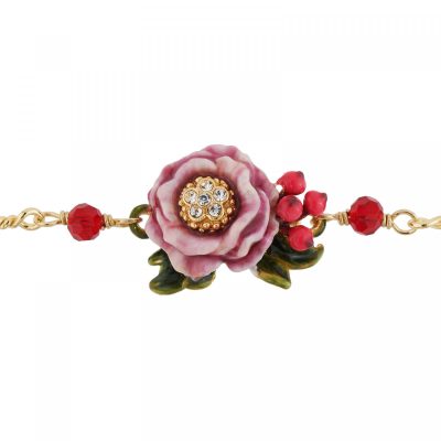 Bracelet fleur rose au pistil strassé et petites baies rouges