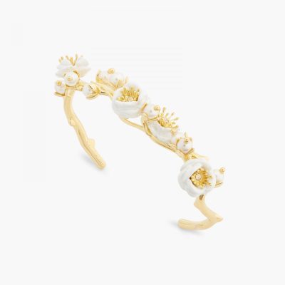 Bracelet jonc branche de roses blanches et perles