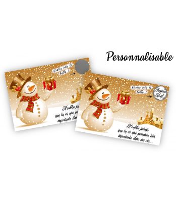 Carte à gratter personnalisable pour une annonce originale à Noël modèle bonhomme de neige