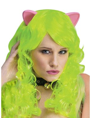 Perruque fantaisie vert néon avec oreilles de chat