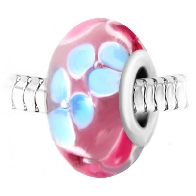 Charm perle rose fleurs verre décoré main et acier par SC Crystal BEA0018