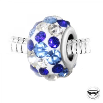 Charm perle pavé de cristaux bleus et blancs et acier par SC Crystal BEA0112