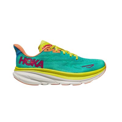 Chaussures Hoka One One Clifton 9 Turquoise Jaune SS23 Femme
