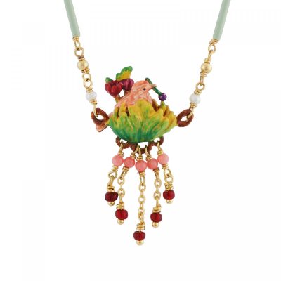 Collier canari rose sur sa branche en feuille et pampilles chaînes et perles