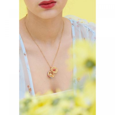 Collier médaillon secret fleurs de myosotis boutons de rose et coccinelle caché