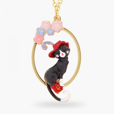 Collier pendentif chat charmant et fleurs