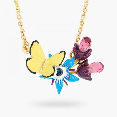Collier pendentif fleur bleue et papillon jaune