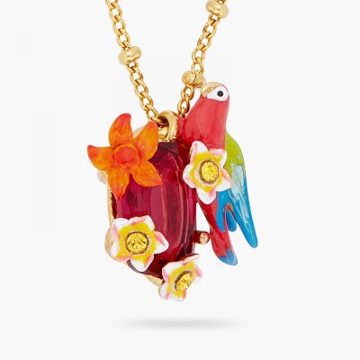 Collier pendentif perroquet et fleurs sauvages