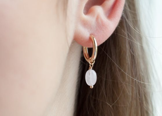 Boucles d'oreilles créoles quartz rose plaqué or 18 Carats - Pour Femme - Bijoux Elise et moi