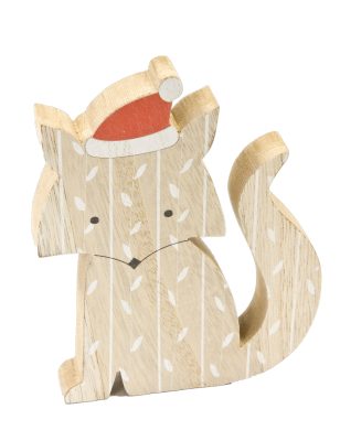 Décoration en bois renard avec bonnet de Noël 12 x 10 cm