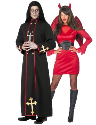 Déguisement de couple diablesse et moine démoniaque rouge et noire Halloween