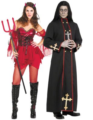 Déguisement de couple diablesse sexy et moine démoniaque Halloween adulte