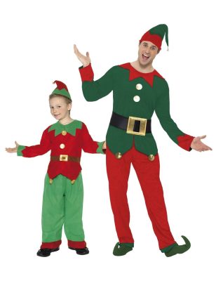 Déguisement de couple elfes de Noël père et fils