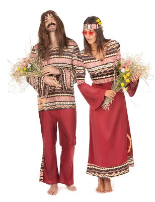 Déguisement de couple hippie bordeaux adultes