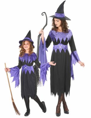 Déguisement de couple sorcières violettes Halloween mère fille