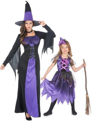 Déguisement de couple sorcières violettes mère-fille Halloween