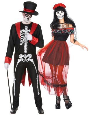 Déguisement de couple squelette chic dia de los muertos rouge et noir Halloween adulte
