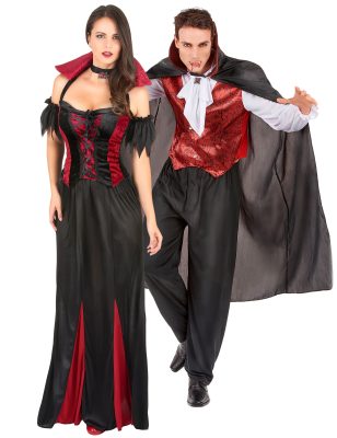 Déguisement de couple vampire chauve-souris rouge Halloween adulte