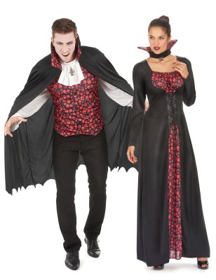Déguisement de couple vampire crâne noir et rouge