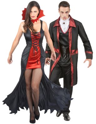 Déguisement de couple vampire Halloween rouge et noir adulte