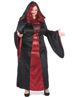 Déguisement grande taille gothique à capuche rouge et noir femme