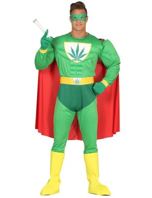 Déguisement humoristique super héros feuille de cannabis adulte