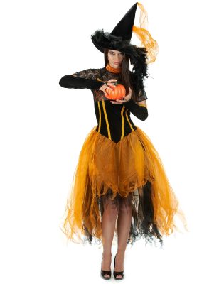 Déguisement sorcière dentellée orange femme Halloween