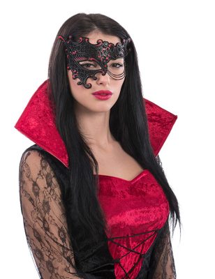 Demi-masque noir et rouge avec chaine femme