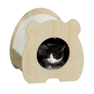 PawHut Maison pour chat niche pour chat avec coussins amovibles coussin à sisal et à peluche courte panneaux MDF design compact mignon bois naturel