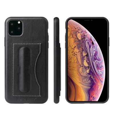 Fierre Shann Card Pocket - Coque Apple iPhone 11 Pro Coque Arrière Rigide + Support Amovible + Porte Carte - Noir