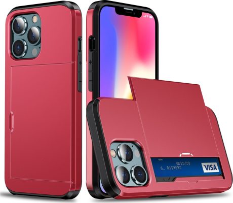 Mobigear Card - Coque Apple iPhone 13 Pro Max Coque Arrière Rigide Antichoc + Porte Carte - Rouge