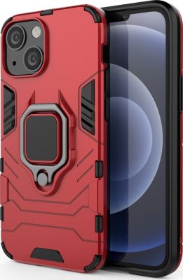 Mobigear Armor Ring - Coque Apple iPhone 13 Mini Coque Arrière Rigide Antichoc + Anneau-Support - Rouge