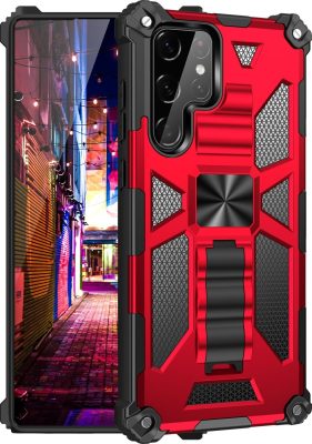Mobigear Armor Stand - Coque Samsung Galaxy S22 Ultra Coque Arrière Rigide Antichoc + Support Amovible - Rouge