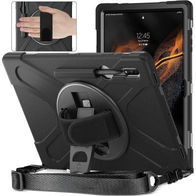 Mobigear SureGrip XGuard - Coque Samsung Galaxy Tab S8 Ultra Coque Arrière Rigide Antichoc + Porte-crayon + Bandoulière + Support Amovible - Noir