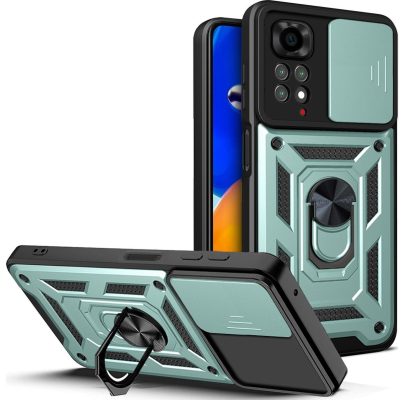 Mobigear Armor Ring Camslide - Coque Xiaomi Redmi Note 11S 4G Coque Arrière Rigide Antichoc + Anneau-Support - Vert