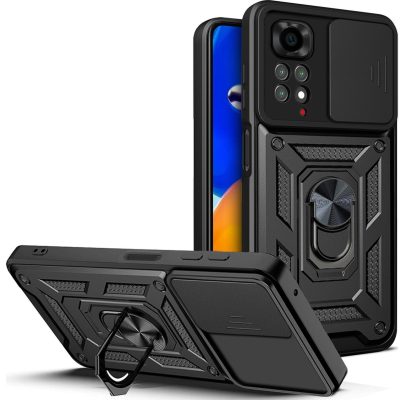 Mobigear Armor Ring Camslide - Coque Xiaomi Redmi Note 11 4G Coque Arrière Rigide Antichoc + Anneau-Support - Noir