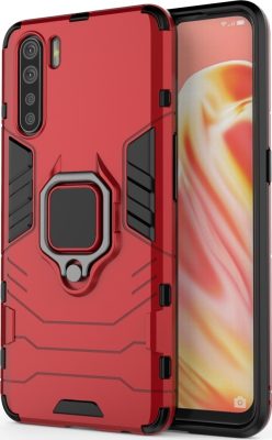 Mobigear Armor Ring - Coque OPPO A91 Coque Arrière Rigide Antichoc + Anneau-Support - Rouge