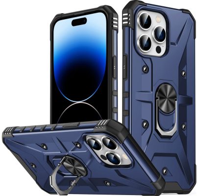 Mobigear Armor Ring - Coque Apple iPhone 14 Pro Max Coque Arrière Rigide Antichoc + Anneau-Support - Bleu