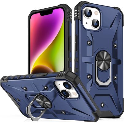 Mobigear Armor Ring - Coque Apple iPhone 14 Plus Coque Arrière Rigide Antichoc + Anneau-Support - Bleu