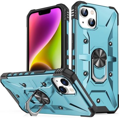 Mobigear Armor Ring - Coque Apple iPhone 14 Coque Arrière Rigide Antichoc + Anneau-Support - Bleu