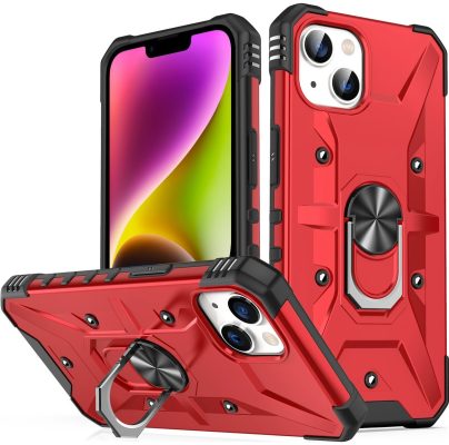 Mobigear Armor Ring - Coque Apple iPhone 14 Coque Arrière Rigide Antichoc + Anneau-Support - Rouge