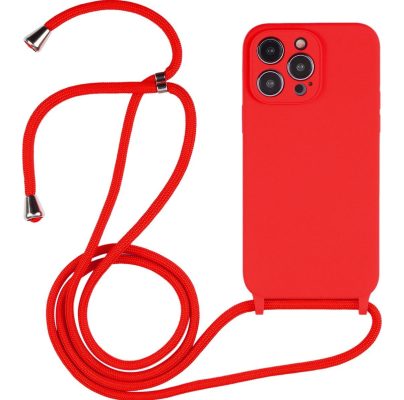 Mobigear Lanyard - Apple iPhone 14 Pro Coque avec cordon en Silicone Souple - Rouge