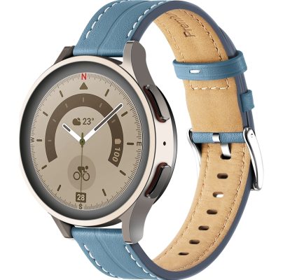 Mobigear Stitched - Bracelet Smartwatch en Cuir Véritable Fermeture à boucle - 20mm - Bleu