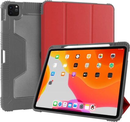 Mobigear Tri-Fold Tough - Coque Apple iPad Pro 12.9 (2022) Etui + Porte-crayon - Noir / Rouge